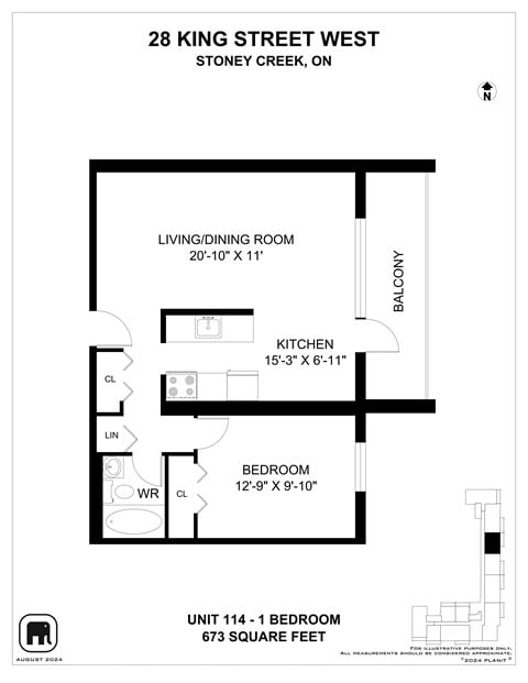 Floor plan for 1 bed, 1 bath, 674 sqft